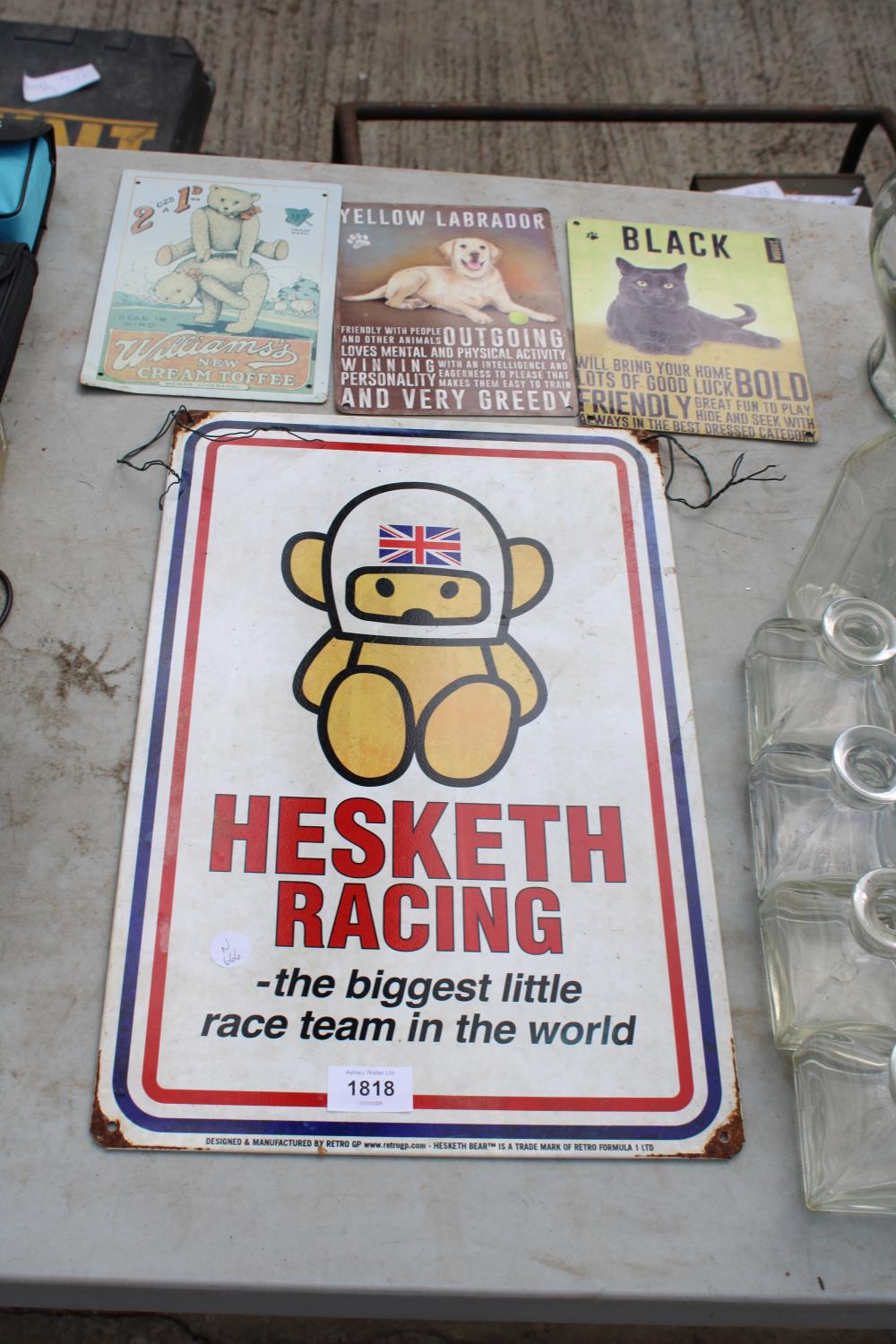 FOUR VARIOUS TIN SIGNS TO INCLUDE A HESKETH RACING EXAMPLE