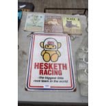 FOUR VARIOUS TIN SIGNS TO INCLUDE A HESKETH RACING EXAMPLE
