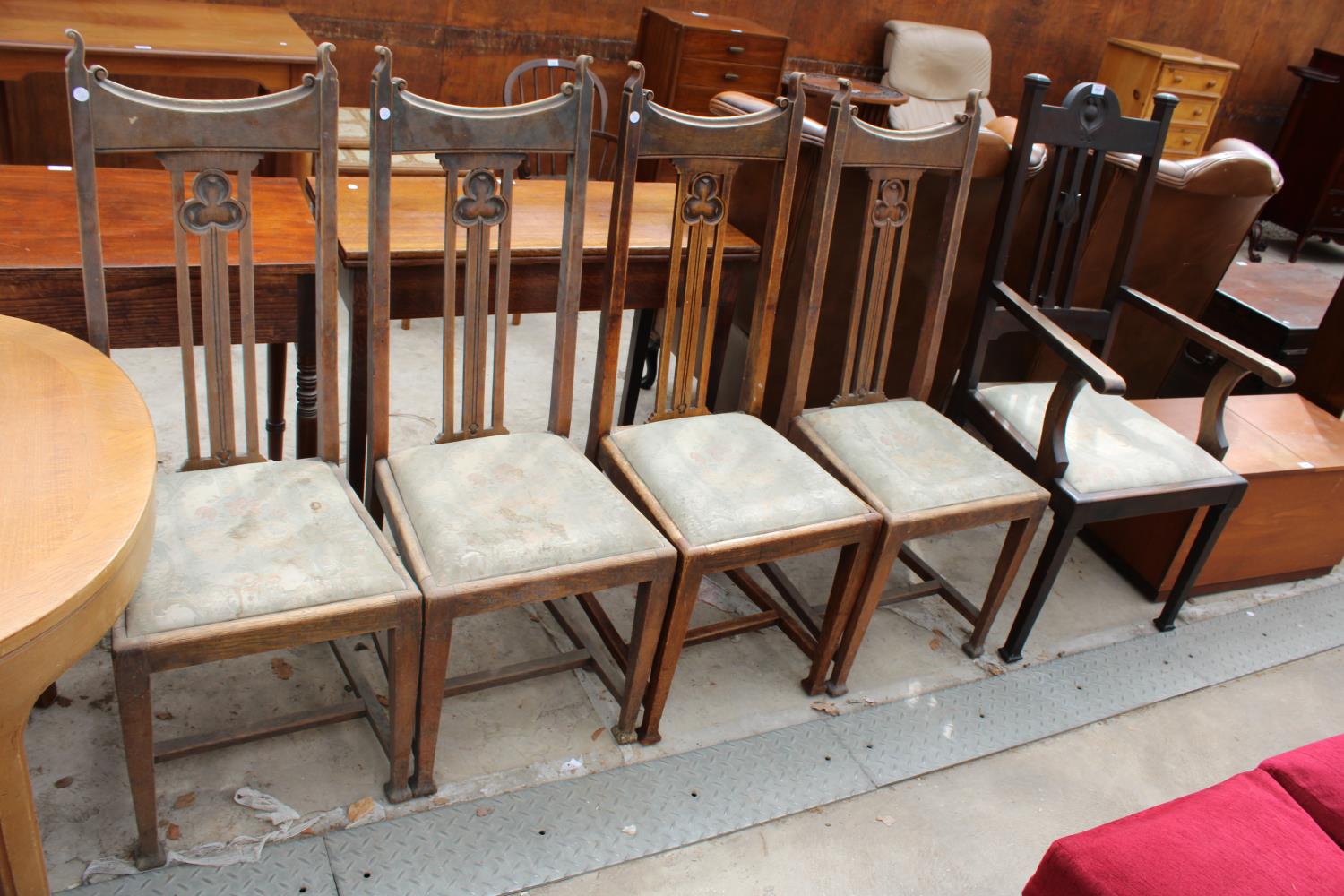 FOUR OAK ART NOUVEAU DINING CHAIRS AND SIMILAR CARVER CHAIR