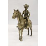 AN UNUSUAL SOLID BRASS COWBOY AND HORSE - APPROXIMATELY 22CM X 22CM - WEIGHS OVER TWO KILO