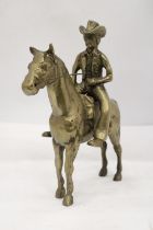 AN UNUSUAL SOLID BRASS COWBOY AND HORSE - APPROXIMATELY 22CM X 22CM - WEIGHS OVER TWO KILO