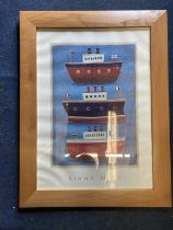 A SIMON HART PRINT OF THREE BOATS IN A PINE FRAME, 63CM X 82CM