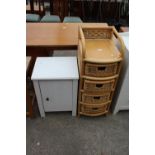A WICKER AND BAMBOO BOW-FRONTED CHEST OF FOUR DRAWERS, 14" WIDE AND A BEDSIDE LOCKER