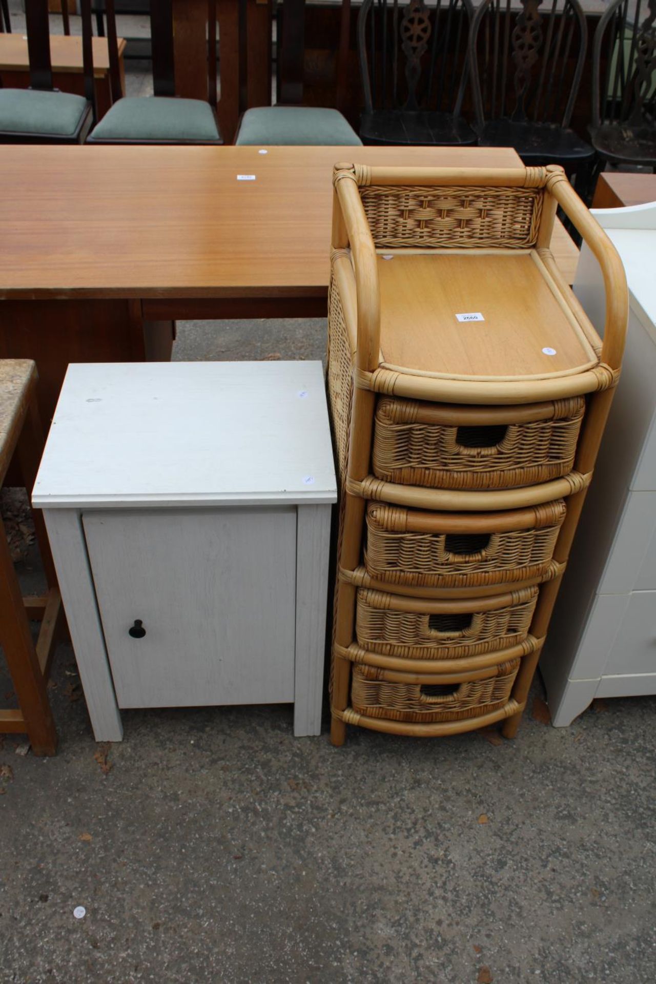 A WICKER AND BAMBOO BOW-FRONTED CHEST OF FOUR DRAWERS, 14" WIDE AND A BEDSIDE LOCKER