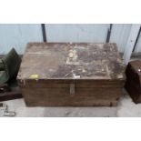 A VINTAGE PINE TOOL CHEST WITH METAL HANDLES