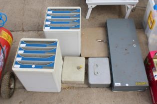 AN ASSORTMENT OF VARIOUS LOCK BOXES AND TWO PLASTIC DRAWER UNITS