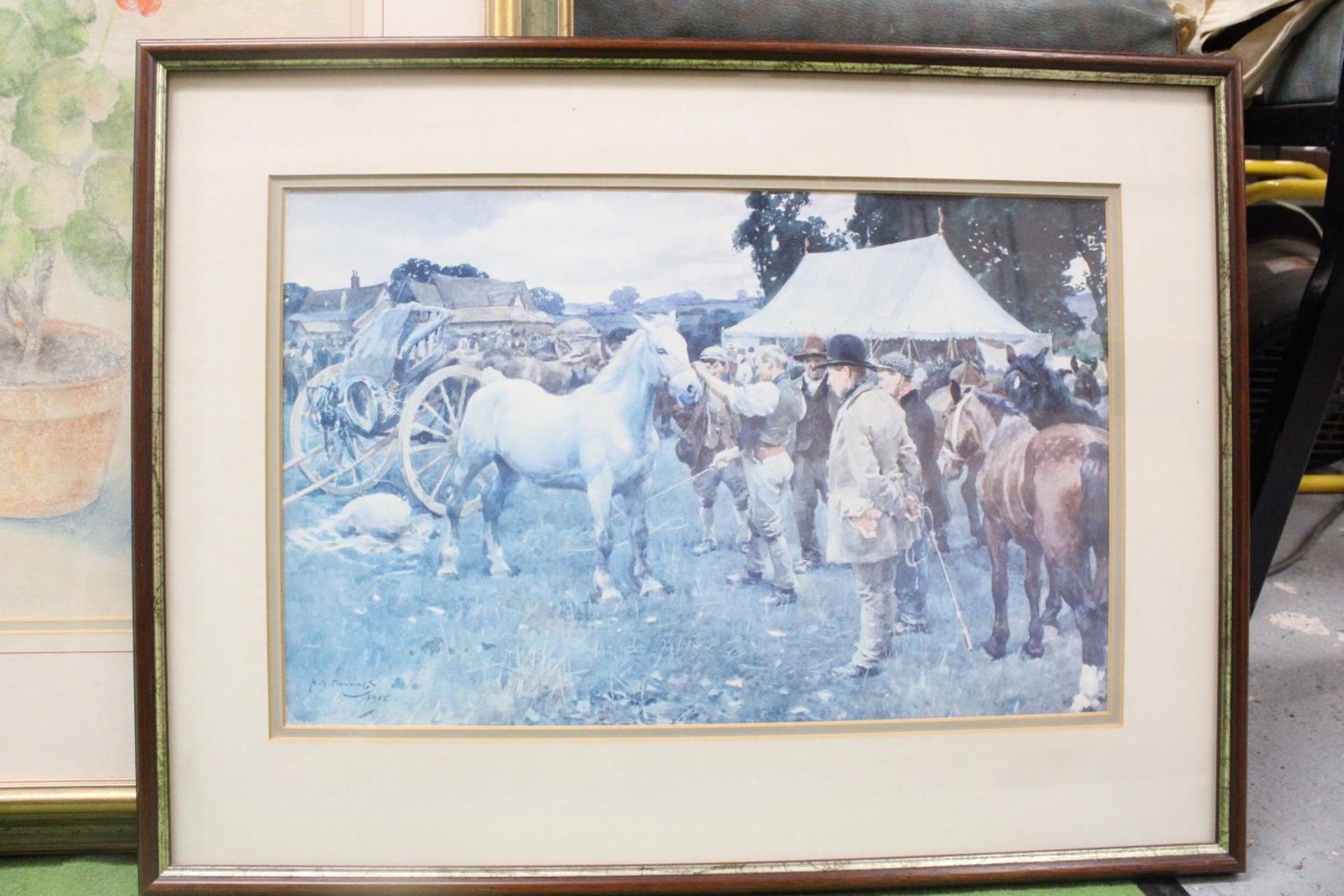 A MIXED MEDIA PICTURE OF A PLANT IN A POT, PLUS A PRINT OF A HORSE FAIR - Image 2 of 4