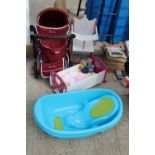 AN ASSORTMENT OF CHILDRENS ITEMS TO INCLUDE A PRAM, A HIGH CHAIR AND A BATH ETC