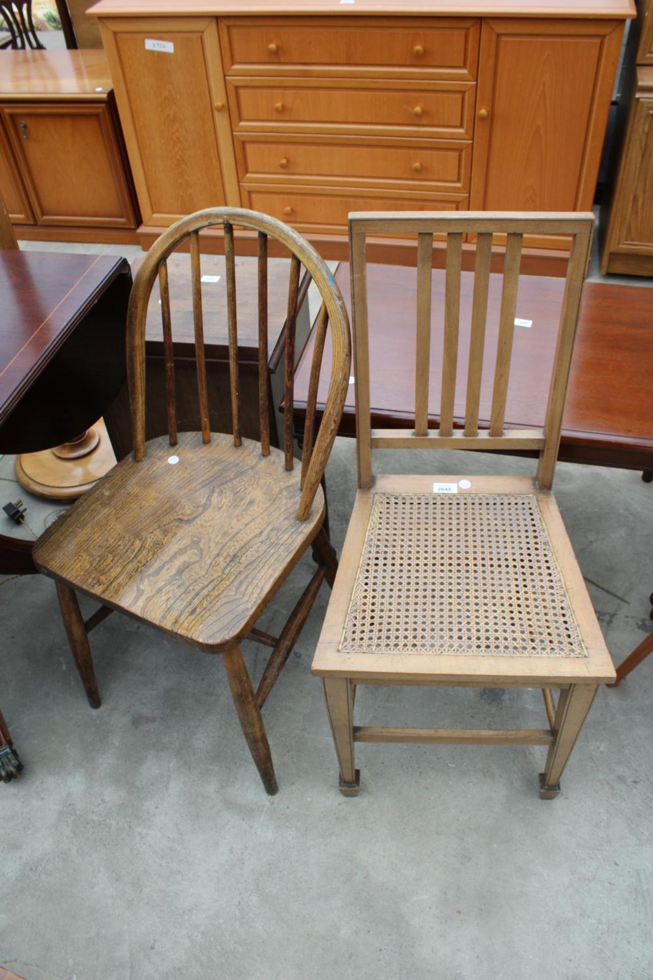 AN ELM AND BEECH WINDSOR STYLE KITCHEN CHAIR AND AN EDWARDIAN BEDROOM CHAIR