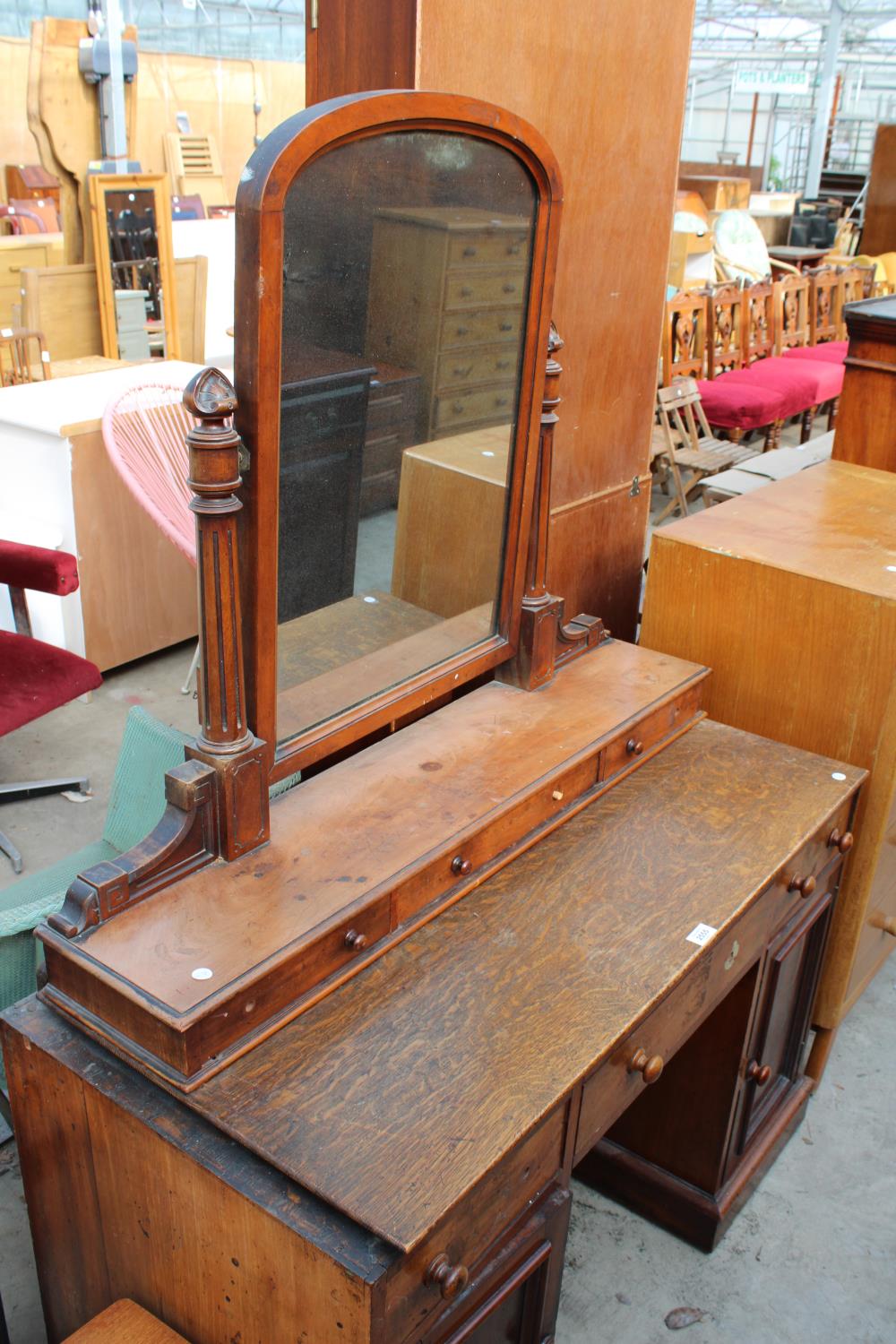 A VICTORIAN MAHOGANY KNEE-HOLE DRESSING TABLE WITH OAK TOP, 44" WIDE - Image 2 of 3