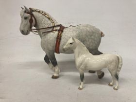 A BESWICK PERCHERON HARNESSED DAPPLE GREY HORSE TOGETHER WITH A BESWICK GREY GLOSS WELSH MOUNTAIN