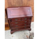 A REPRODUCTION HARDWOOD BUREAU, 29" WIDE WITH FITTED INTERIOR