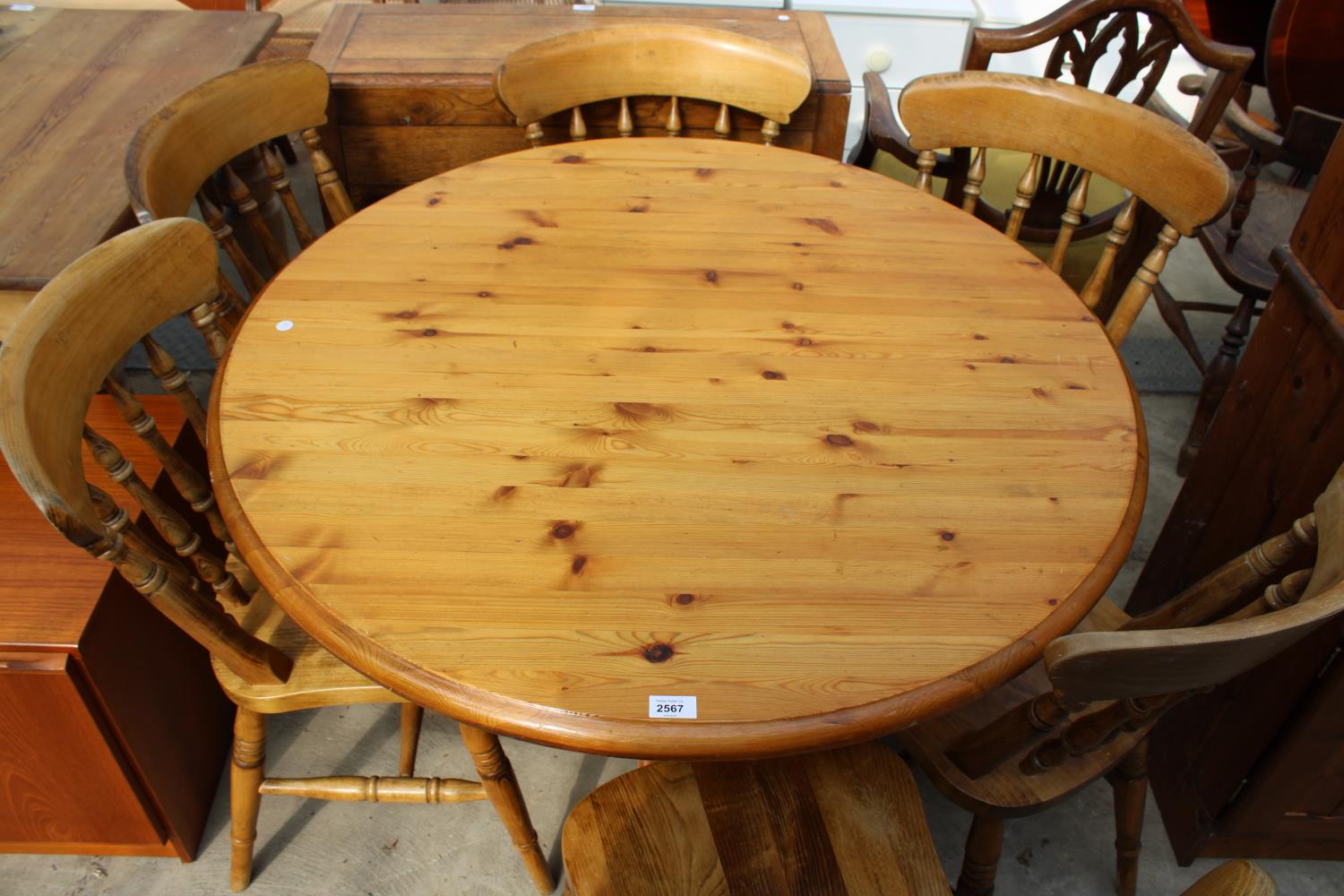 A PINE DINING TABLE ON PEDESTAL BASE (41" DIAMETER) AND SIX BEECH VICTORIAN STYLE CHAIRS - Image 3 of 3