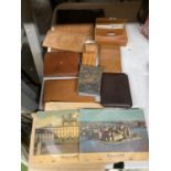 A QUANTITY OF VINTAGE LEATHER WALLETS, CASED PLAYING CARDS, 'FONDOSCOPES', ETC