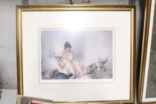 A FRAMED WILLIAM RUSSELL-FLINT UNSIGNED LIMITED EDITTION PRINT (457/573) OF LADY WITH PLANTS