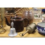A MIXED LOT TO INCLUDE A BRASS MEAT JACK, STONEWARE BARREL, LARGE ENAMEL TEAPOT AND A CAST METAL