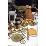 A MIXED LOT OF BRASS AND COPPERWARE TO INCLUDE BRASS CANDLESTICKS,A ENVELOPE OPENER, HORSE
