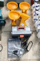 A PLASTIC TOOL BOX WITH AN ASSORTMENT OF TOOLS, ROAD REFLECTORS AND WING MIRRORS ETC