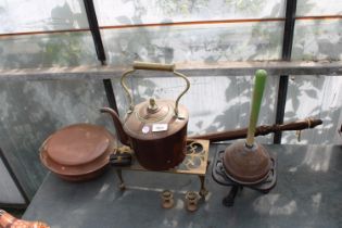 AN ASSORTMENT OF ITEMS TO INCLUDE A COPPER KETTLE, BRASS TRIVET STAND AND A COPPER BED WARMING PAN