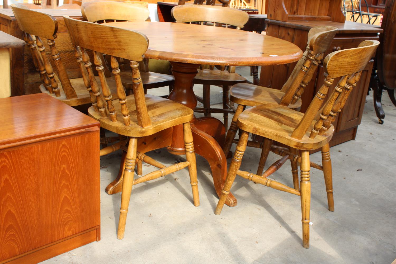 A PINE DINING TABLE ON PEDESTAL BASE (41" DIAMETER) AND SIX BEECH VICTORIAN STYLE CHAIRS - Image 2 of 3