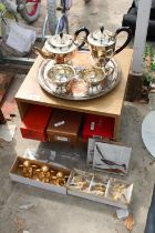AN ASSORTMENT OF ITEMS TO INCLUDE A SILVER PLATED TEA SERVICE, FIGURES AND CASSETTES ETC