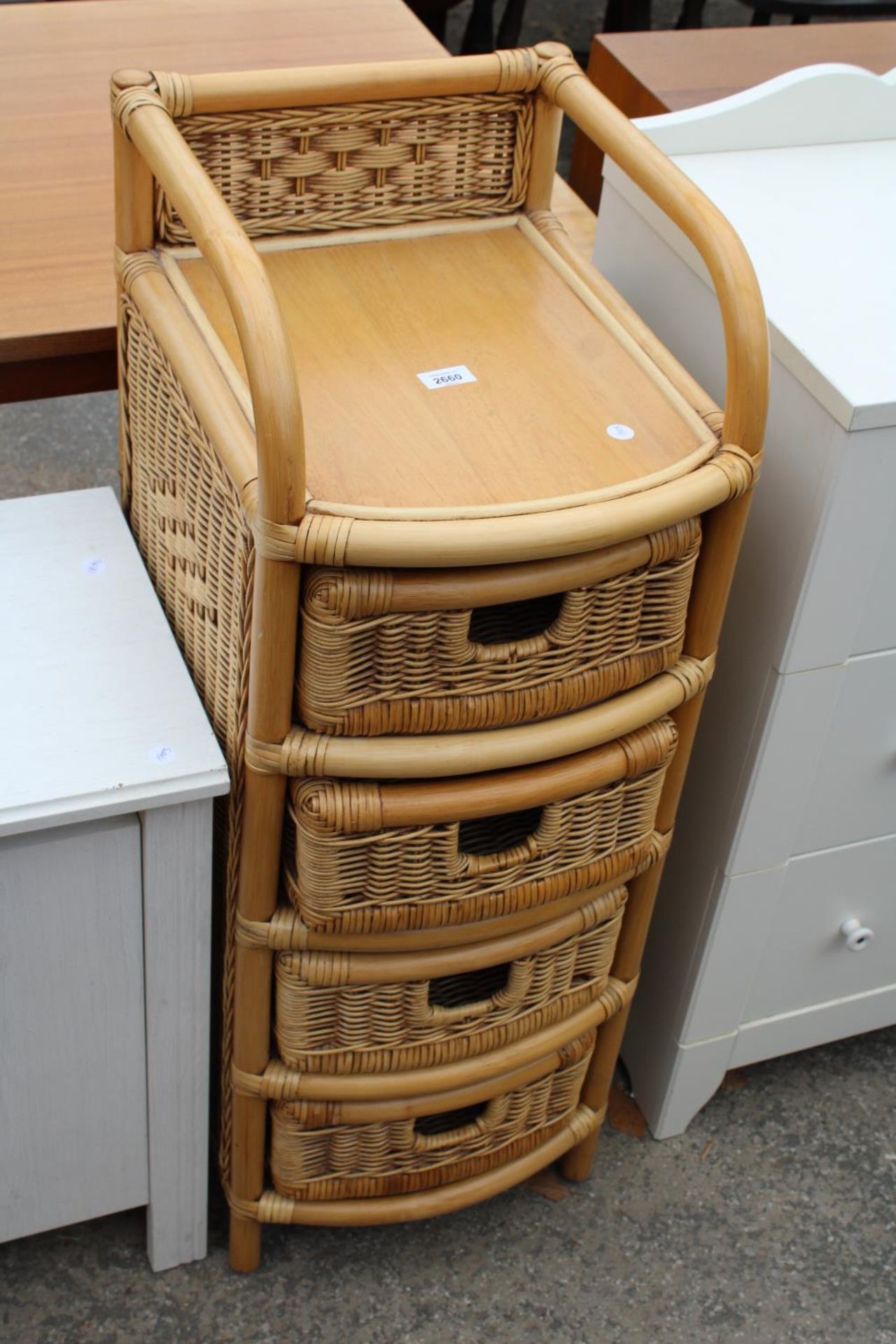 A WICKER AND BAMBOO BOW-FRONTED CHEST OF FOUR DRAWERS, 14" WIDE AND A BEDSIDE LOCKER - Image 2 of 2