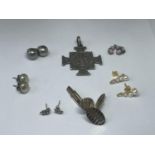 VARIOUS ITEMS TO INCLUDE FIVE PAIRS OF EARRINGS, A RELIGIOUS PENDANT AND A PAIR OF CUFFLINKS
