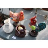 AN ASSORTMENT OF ITEMS TO INCLUDE TWO CERAMIC CHICKENS, A CERAMIC INHALER AND AN EGG ETC