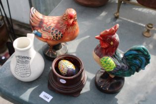 AN ASSORTMENT OF ITEMS TO INCLUDE TWO CERAMIC CHICKENS, A CERAMIC INHALER AND AN EGG ETC