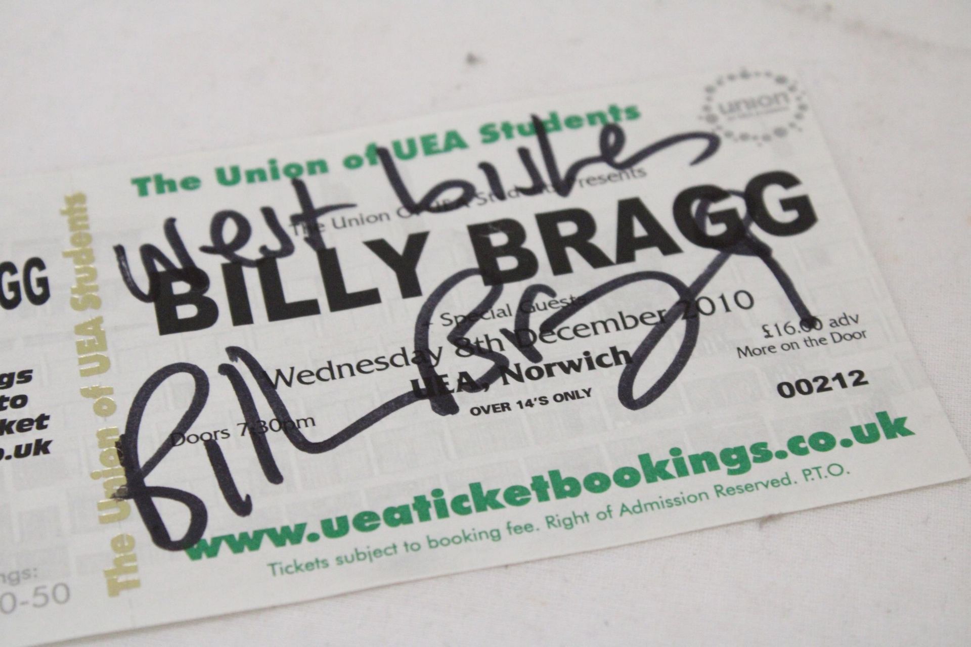 A SIGNED BILLY BRAGG ON NORWICH STUDENT UNION TICKET - Image 3 of 3