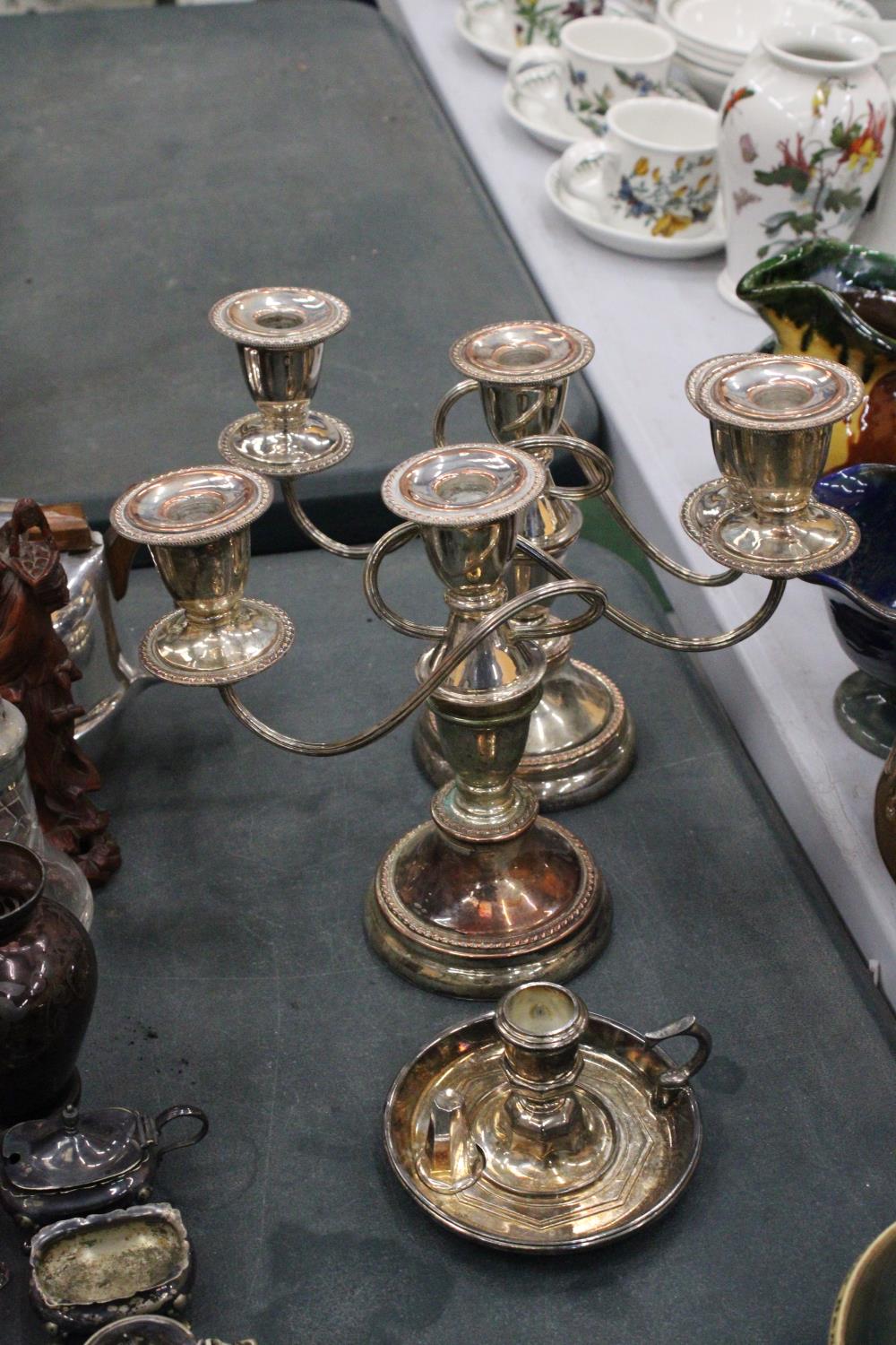 A QUANTITY OF SILVER PLATE TO INCLUDE TWO CANDLEABRAS AND A'WEE WILLIE WINKIE' CANDLESTICK WITH - Image 5 of 5