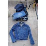 A LARGE ASSORTMENT OF DENIM CLOTHING TO INCLUDE A LEVIS JACKET AND A PAIR OF CALVIN KLEIN JEANS ETC