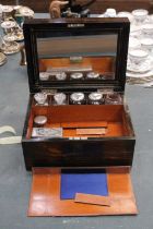 A VINTAGE MAHOGANY CASED WRITING BOX WITH A SECRET DRAWER TO INCLUDE INKWELLS, AND SILVER PLATED