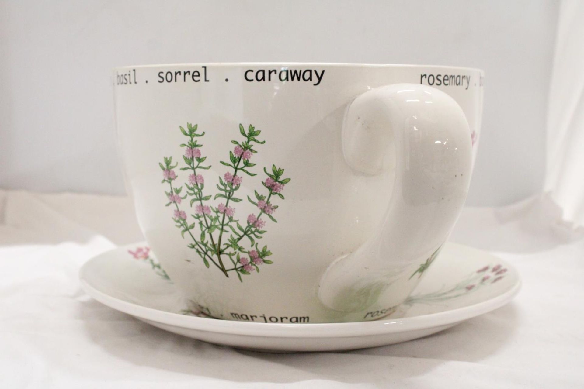 A LARGE CERAMIC, CUP AND SAUCER PLANTER WITH HERB DECORATION, HEIGHT 18CM, DIAMETER 26CM - Image 3 of 3