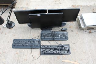 THREE VARIOUS COMPUTER MONITORS AND THREE KEYBOARDS