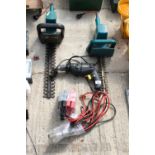 TWO BLACK AND DECKER ELECTRIC HEDGE TRIMMERS, A CHALLENGE DRILL AND A SET OF JUMP LEADS ETC