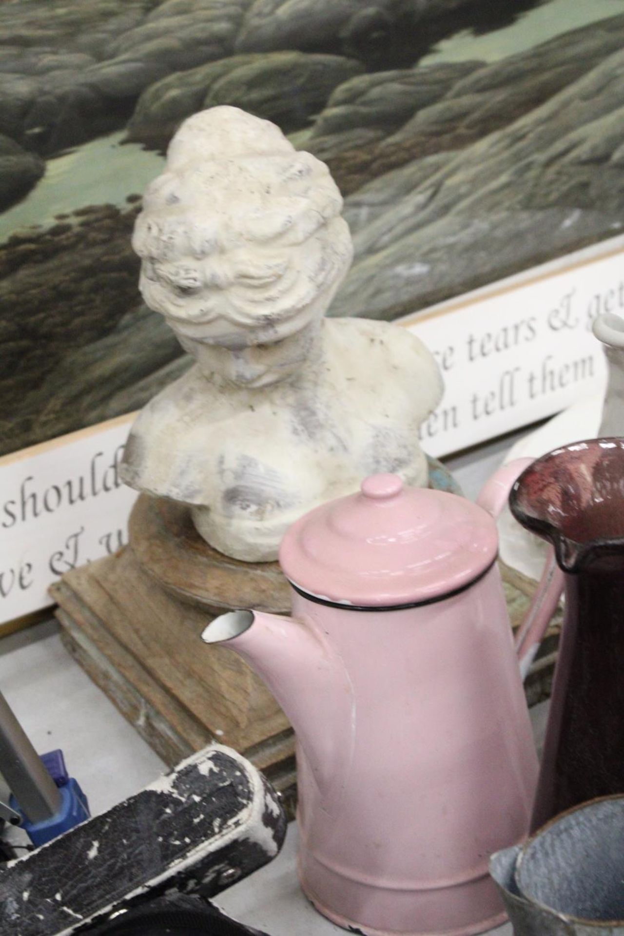 A MIXED LOT TO INCLUDE A BUST OF A LADY ON A PLINTH, HEIGHT 34CM, LARGE SERVING PLATES, AN ENAMEL - Image 4 of 7