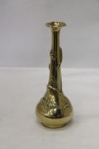 AN ORIENTAL BRASS ART NOUVEAU LONG NECKED VASE MARKED TO THE BASE