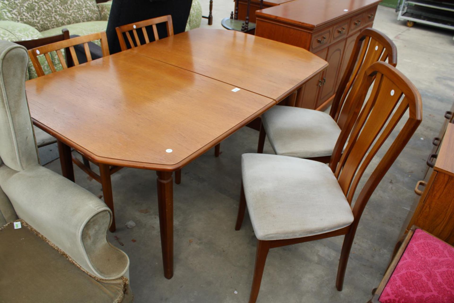 A RETRO TEAK MEREDEW EXTENDING DINING TABLE, 59" X 36" (LEAF 20") AND TWO DINING CHAIRS - Image 2 of 3