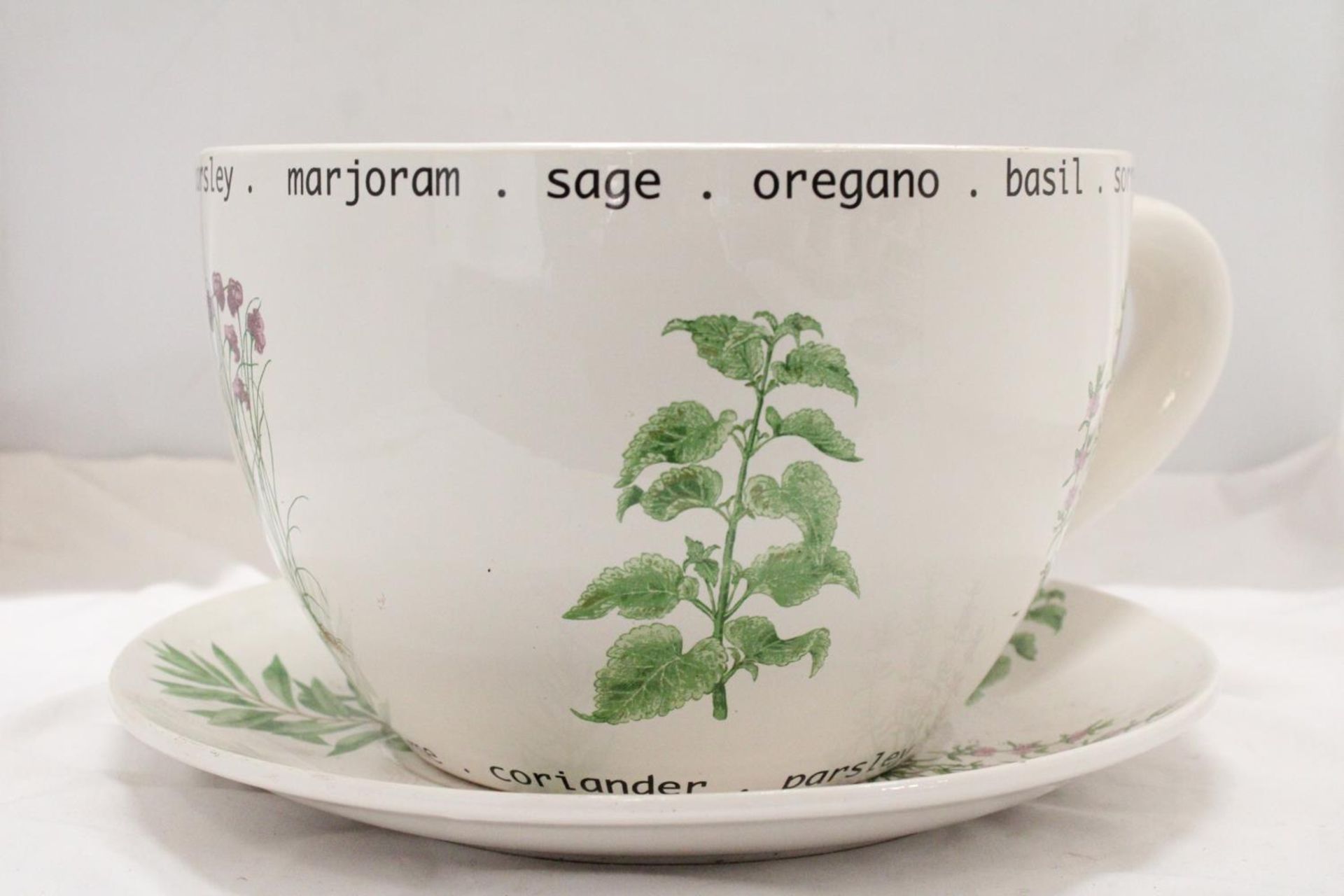 A LARGE CERAMIC, CUP AND SAUCER PLANTER WITH HERB DECORATION, HEIGHT 18CM, DIAMETER 26CM - Image 2 of 3