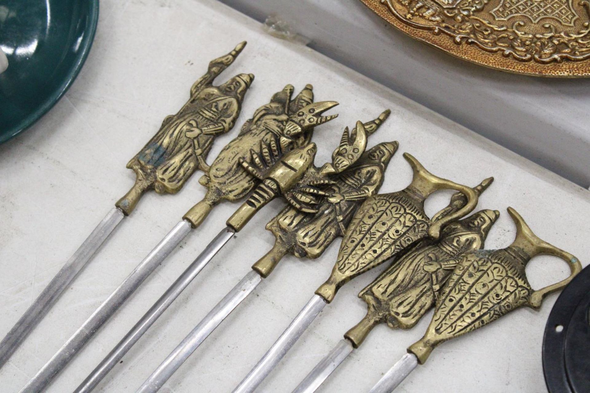 SEVEN VINTAGE BRASS MEAT SKEWERS, LOBSTER, URNS AND WARRIORS - 17 INCH LONG - Image 2 of 4