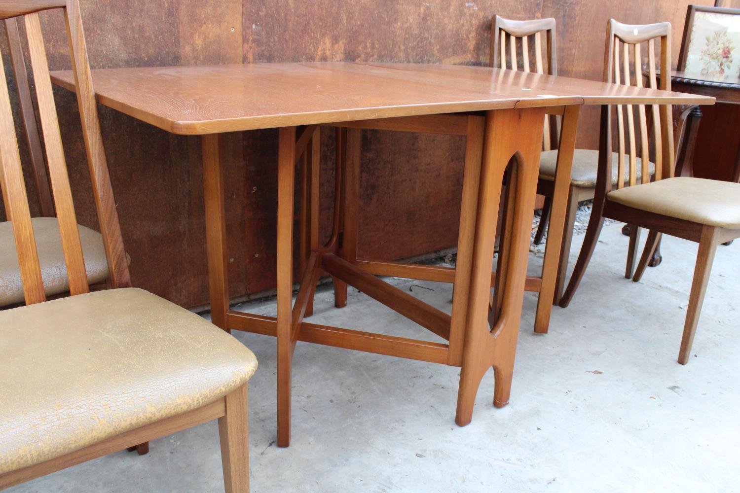 A RETRO TEAK DROP-LEAF DINING TABLE, 57" X 33" OPENED AND FOUR DINING CHAIRS - Image 2 of 4