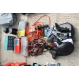 AN ASSORTMENT OF TOOLS TO INCLUDE JUMP LEADS, MOTORBIKE SPARES AND SOCKET SETS ETC