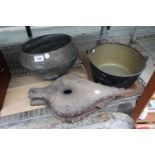 A VINTAGE BRASS JAM PAN, A SET OF BELLOWS AND A DECORATIVE BRASS PLANTER