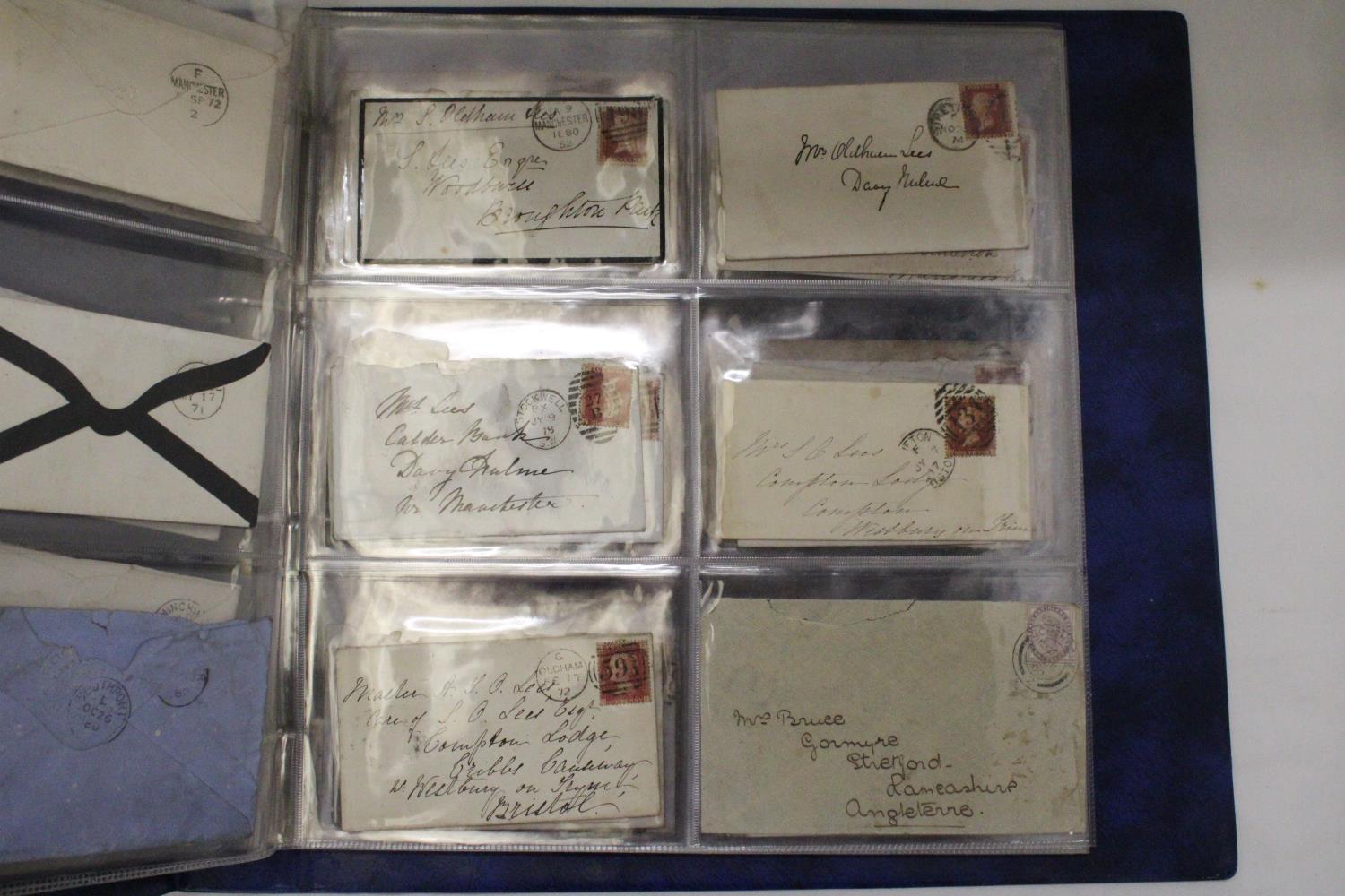 A SELECTION OF VICTORIAN ENVELOPES IN A BLUE BINDER WITH FIFTY PENNY RED STAMPS - Image 4 of 6