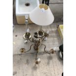 A BRASS CEILING LIGHT FITTING AND THREE VARIOUS TABLE LAMPS