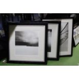 THREE MODERN MONOCHROME FRAMED PRINTS TO INCLUDE TWO SEASCAPE SCENCE PLUS STAIRCASE