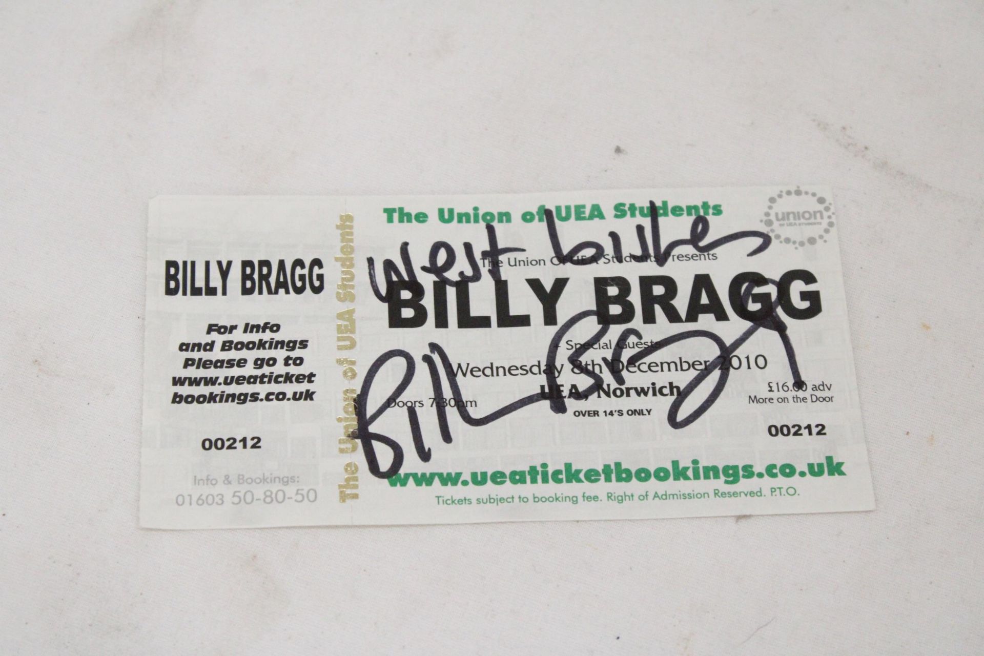 A SIGNED BILLY BRAGG ON NORWICH STUDENT UNION TICKET