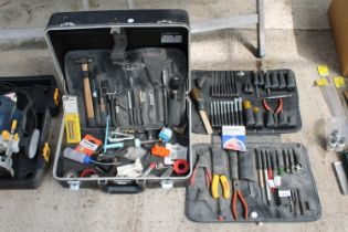 A TOOL CASE WITH AN ASSORTMENT OF TOOLS TO INCLUDE PLIERS, CLAMPS AND SCREW DRIVERS ETC