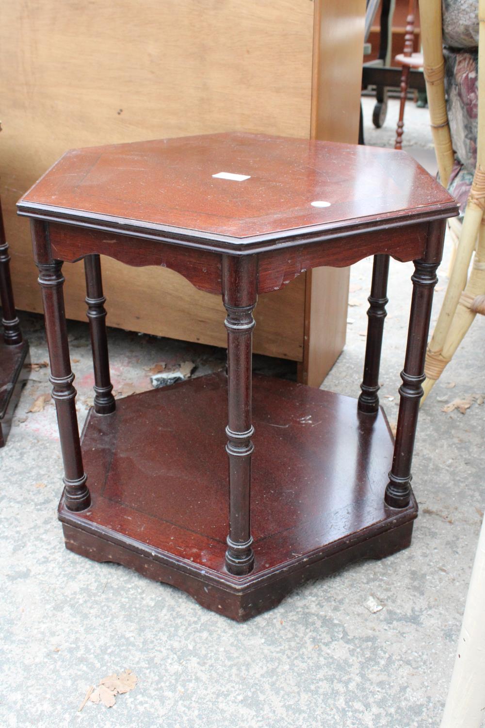 A PAIR OF MAHOGANY HEXAGONAL OCCASIONAL TABLES BEARING LEGATE FURNITURE LABEL - Image 2 of 3